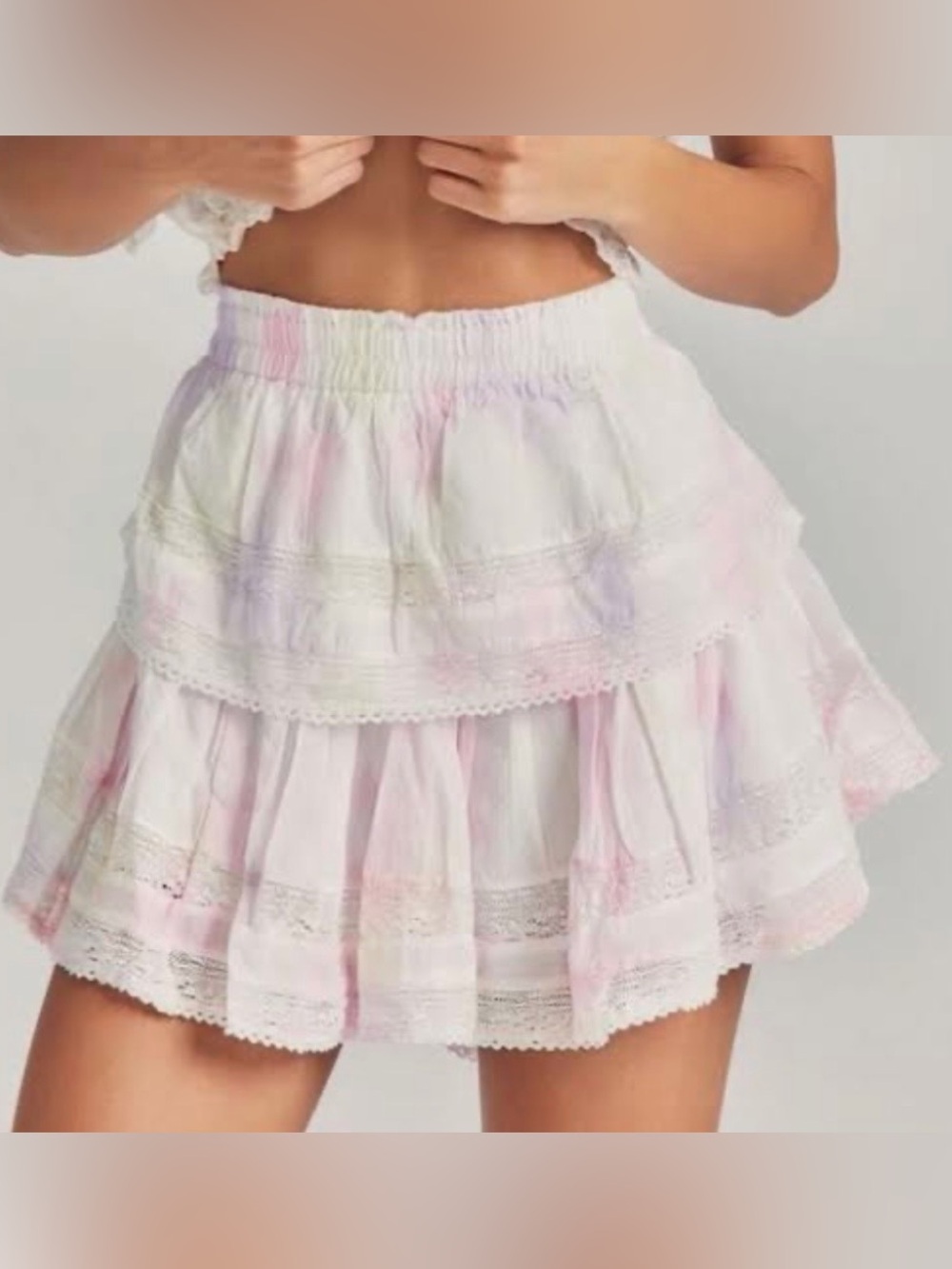 Pastel Ruffle Mini Skirt LoveShackFancy Tie Dye Lace 100% Cotton Size L EUC